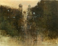 A. Q. Arif, Mirage over the Trees, 22 x 28 Inchs, Oil on Canvas, Cityscape Painting, AC-AQ-219